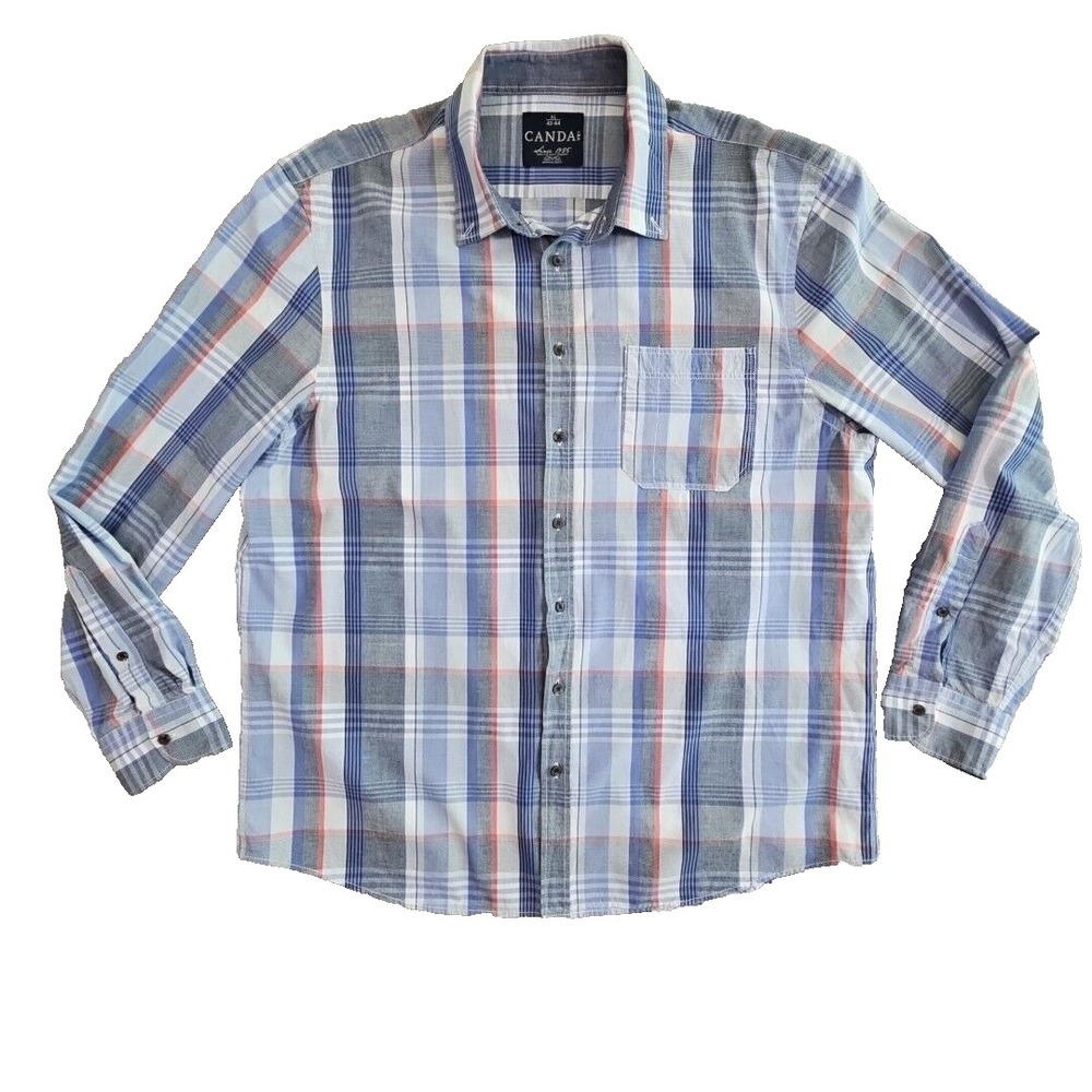 Canda C&A Button Down Shirt Mens XL 43-44 Blue Plaid Long Sleeve Workwear EUC XL